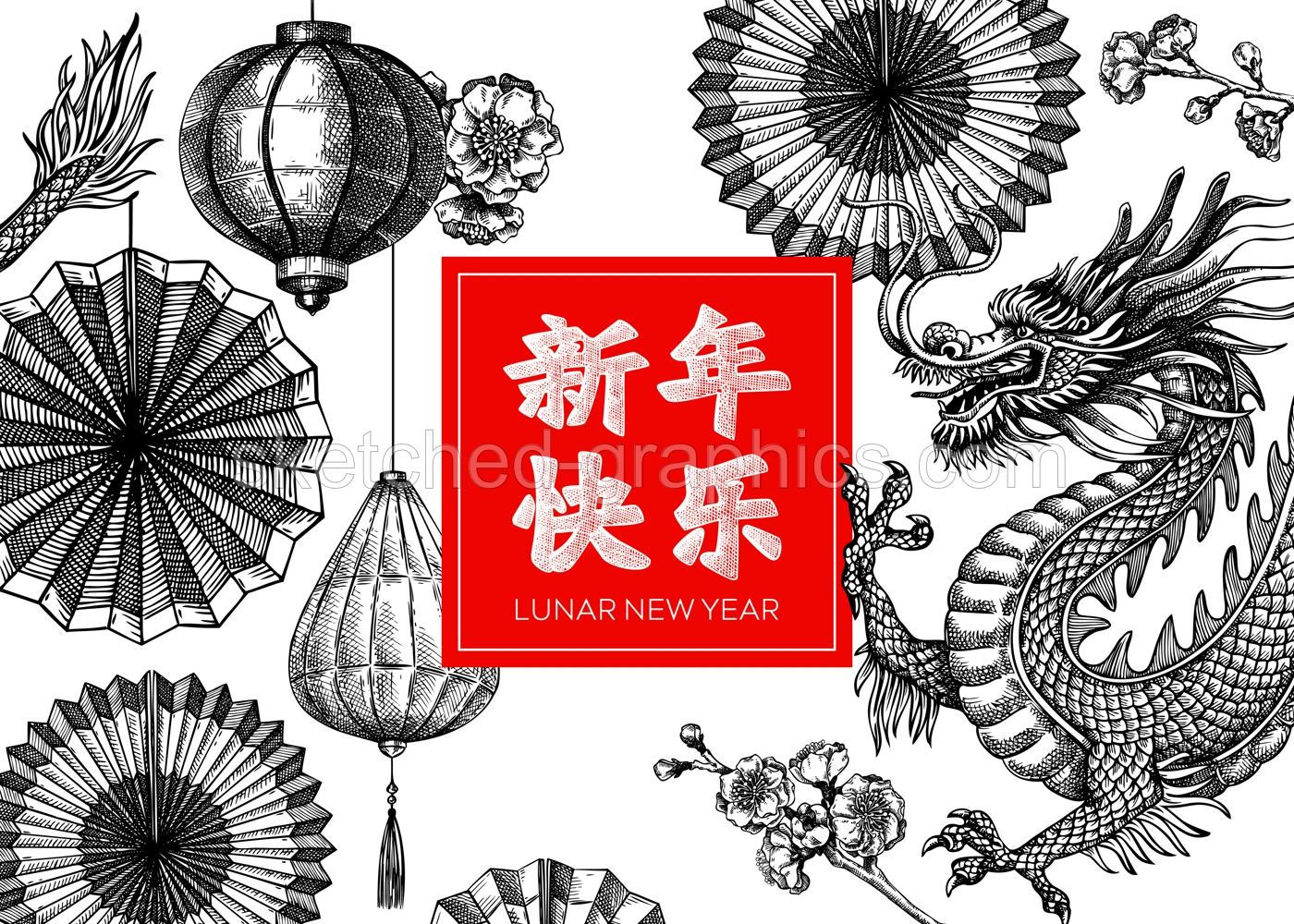 China background. Chinese New Year frame design. Dragon sketch. NOT AI generated Illustration